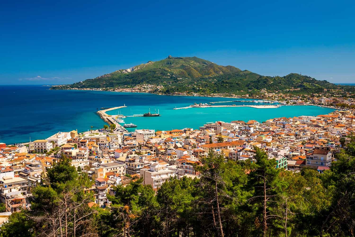 Summer view of Zakynthos Zante town. Beautiful cityscape panorama of Greece city